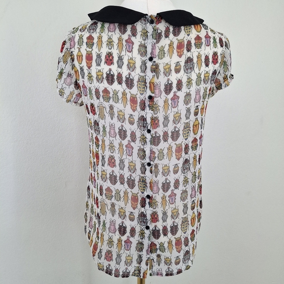 Zara Sheer Beetle Bug Peter Pan Collar Shortsleeve Blouse - Picture 5 of 10
